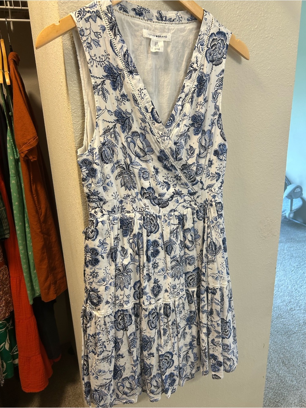 Lucky Brand White Sleeveless Dress with Blue Floral Print